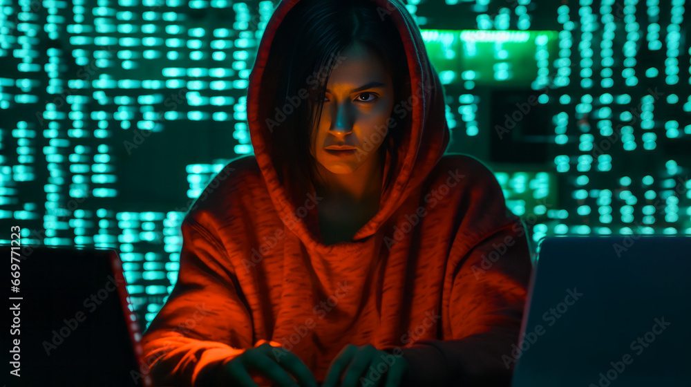 Poster portrait of hacker man in a hoodie. red blurred background. dramatic lighting. concept of data prote