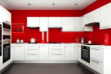 Modern kitchen interior with red walls and white furniture