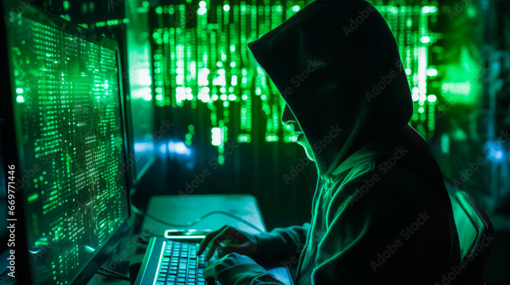 Poster a hacker in dark room in hoodie sitting with green blurred background. concept of data protection. a