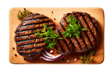 freshly grilled burger meat isolated on transparency background, top view - Generative AI