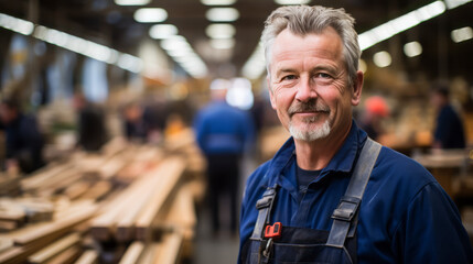Man designer carpenter stand in a Craft room with wood. Ai generative