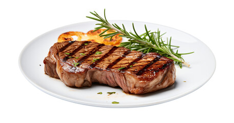 Isolated plate of grilled beef steak bone on transparency background - Generative AI