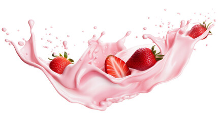 milk or yogurt splash with strawberries isolated on transparency background - Generative AI