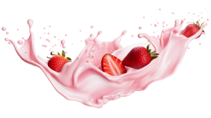 milk or yogurt splash with strawberries isolated on transparency background - Generative AI