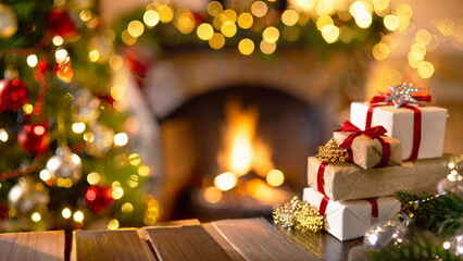 暖炉のある部屋のクリスマス風景