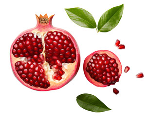 Ripe pomegranate fruit isolated on transparency background cutout, top view - Generative AI