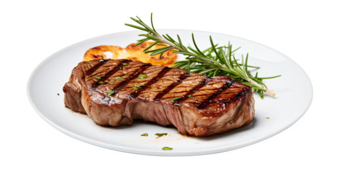 Isolated plate of grilled beef steak bone on transparency background - Generative AI