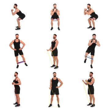 Athletic man doing different exercises with elastic resistance band on white background, set of photos