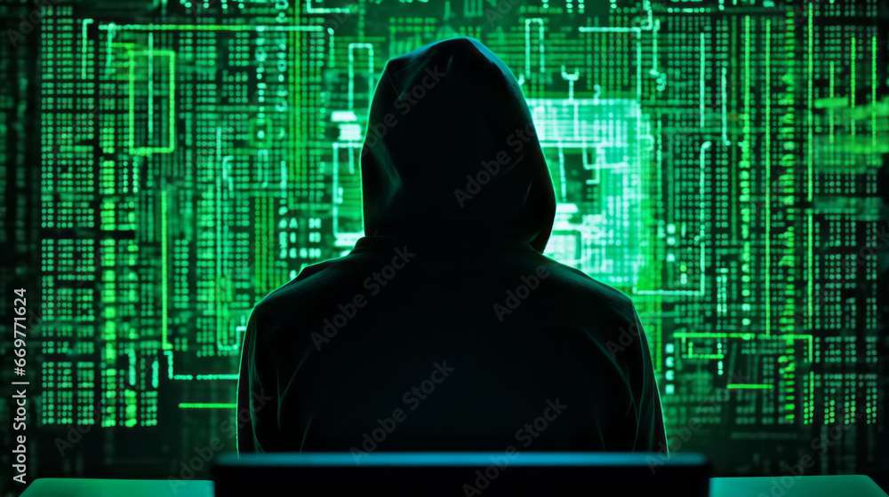 Poster a hacker in dark room in hoodie sitting with green blurred background. concept of data protection. a