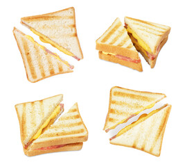 Tasty grilled sandwich with ham and melted cheese isolated on white, different sides
