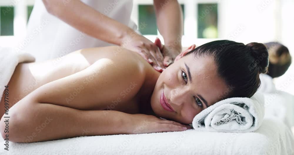 Poster Spa, hands and portrait of woman on a massage table for stress release body treatment at a wellness resort. Luxury, zen and face of lady on vacation at Thailand salon for healing, therapy or cosmetic