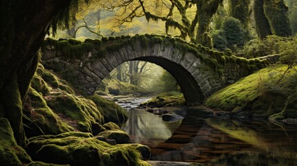 An ancient stone bridge arching gracefully over a babbling brook, framed by moss-covered trees