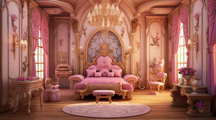 Princess bedroom in royal house. Luxury princess bedroom interior in victorian style. generative ai - obrazy, fototapety, plakaty