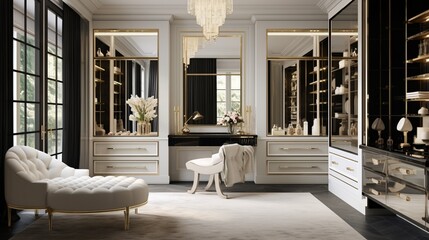 An elegant dressing room adorned with custom wardrobes, shoe racks, and a mirrored vanity, epitomizing sophistication and sartorial refinement - obrazy, fototapety, plakaty