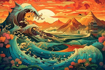 Illustration of a mountainscape with a fish-like bird in a sea. Scene designed in a fantastic style. Generative AI