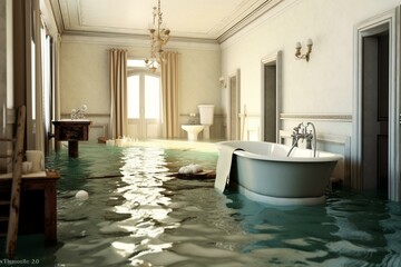 Flood caused by water damage in bathroom. Generative AI