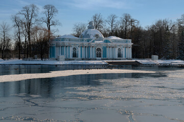 Grotto Pavilion on the shore of the Large pond in the Catherine Park of Tsarskoye Selo on a sunny...