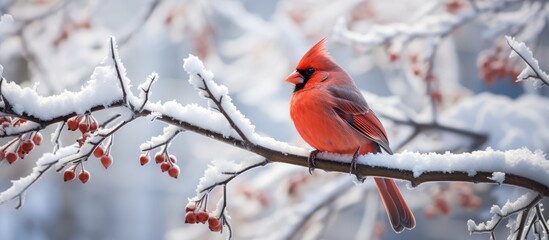 Snow covered tree branch with male cardinal