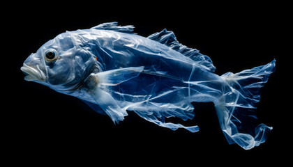 Naklejka premium Fish made of plastic bags are swiming in the ocean. Contamination of the Oceans. Marine plastic pollution concept. Environmental pollution. Ai generative
