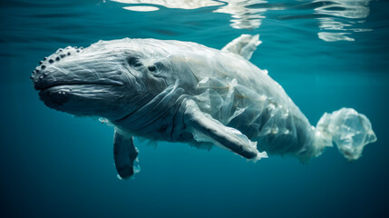 Naklejka premium Whale made of plastic bags are swiming in the ocean. Contamination of the Oceans. Marine plastic pollution concept. Environmental pollution. Ai generative