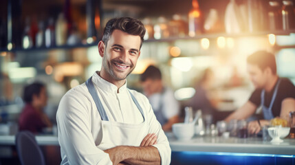 Portrait of a young barista man. Selling smile and coffee. Ai generative