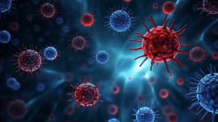 Close up macro details of red blue microbes molecules virus bacteria. Coronavirus outbreak COVID-19. Medicine concept. Ai generative illustration