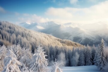 Beautiful winter scenery - snow-covered mountains and forest. Generative AI