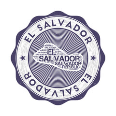 El Salvador seal. Country round logo with shape of El Salvador and country name in multiple languages word cloud. Appealing emblem. Cool vector illustration.