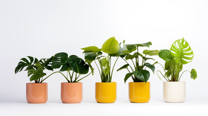 Various Monstera in terracotta pot isolated on white background.