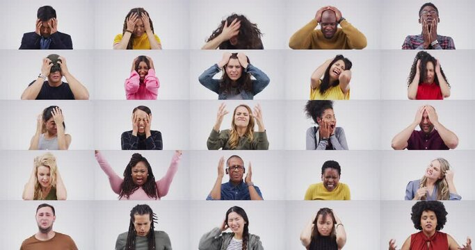 Angry, collage or frustrated people on a white background with crisis, upset or anxiety expression. Burnout, diversity or isolated faces with body language for stress, tantrum or scream in studio