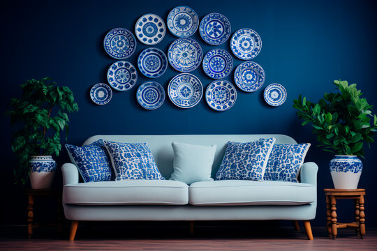 A white sofa among blue motifs pottery near a patterned wall defines the boho or eclectic, bohemian interior design of the modern living room. 
