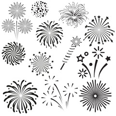 New year fireworks icons. vector illustration. Firework icon set for happy christmas, celebrate party and birthday or anniversary events collection, vector illustration
