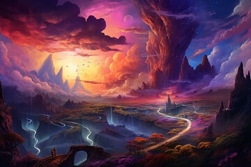 Unreal realm with swirling clouds and vibrant scenery. Generative AI