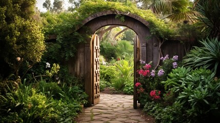 A charming arched wooden gate opening into a secret garden oasis - obrazy, fototapety, plakaty
