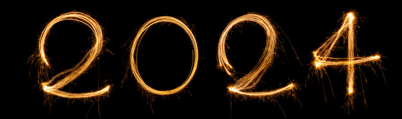 Happy New Year 2024. Sparkling burning Fireworks numbers 2024 isolated on black background. Beautiful Glowing golden. Alphabet of Sparklers texture for happy 