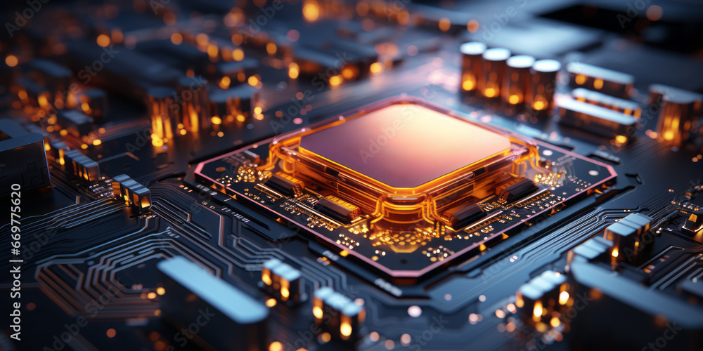 Poster closeup hardware background of motherboard. circuit cpu microchip digital. concept of technology. ai