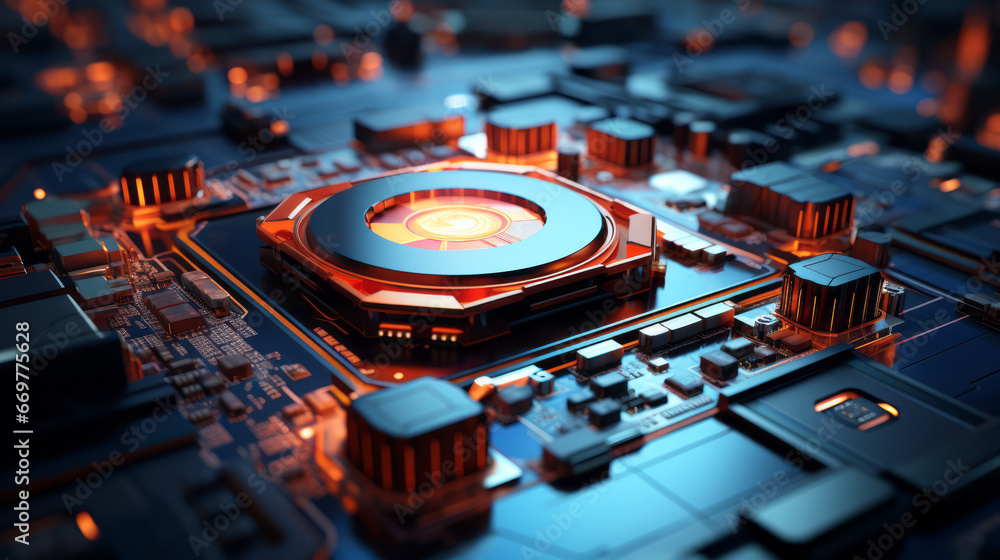 Poster closeup hardware background of motherboard. circuit cpu microchip digital processor. concept of tech