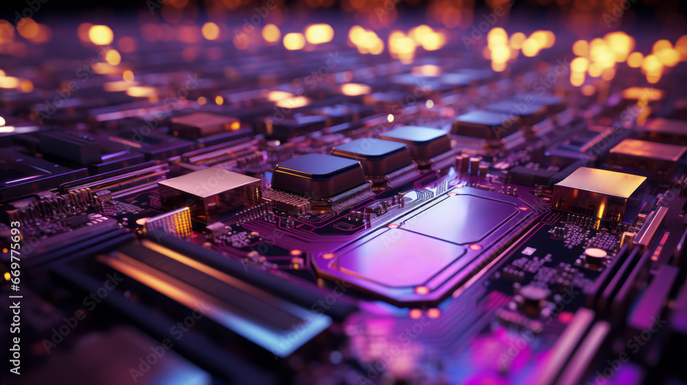 Poster closeup hardware background of motherboard. circuit cpu microchip digital processor. concept of tech