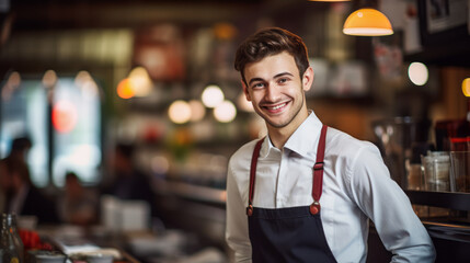 Fototapeta na wymiar Portrait of a young barista man. Selling smile and coffee. Ai generative