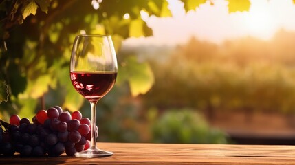 wine glass with red wine on a wooden table overlooking a vineyard in clear weather. raw materials for making wine. copy space. - obrazy, fototapety, plakaty