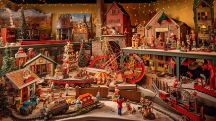 Santa's workshop with toys and gifts for Christmas