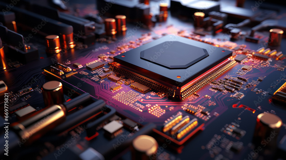 Poster closeup hardware background of motherboard. circuit cpu microchip digital. ai generative illustratio