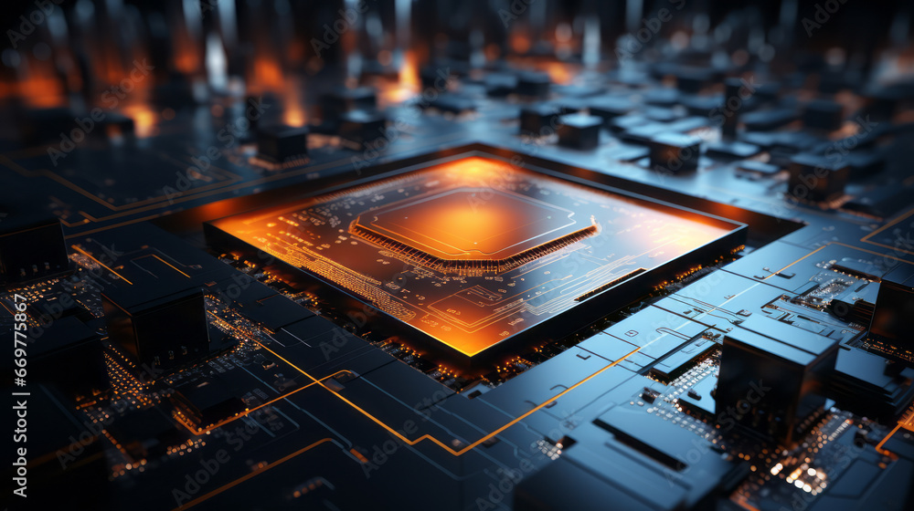 Poster closeup hardware background of motherboard. circuit cpu microchip digital processor. concept of tech