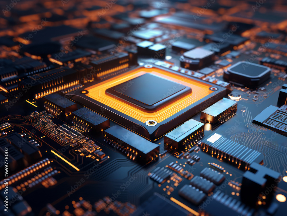 Poster closeup background of motherboard. circuit cpu microchip digital. ai generative illustration