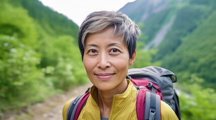 A portrait of smiling Asian girl tourist in beautiful mountain tracking route. Woman wear the sport active wear with backpack. Ai generative