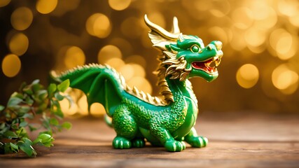 Obraz premium 新年のお祝い、ドラゴンのオブジェ、辰年、金色背景｜New year celebration. dragon object. Year of the dragon. golden background. Generative AI