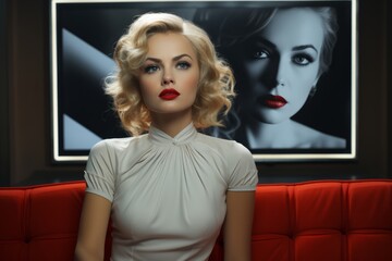 Closeup portrait of one attractive sensual dreaming young retro woman with blonde hair red lips