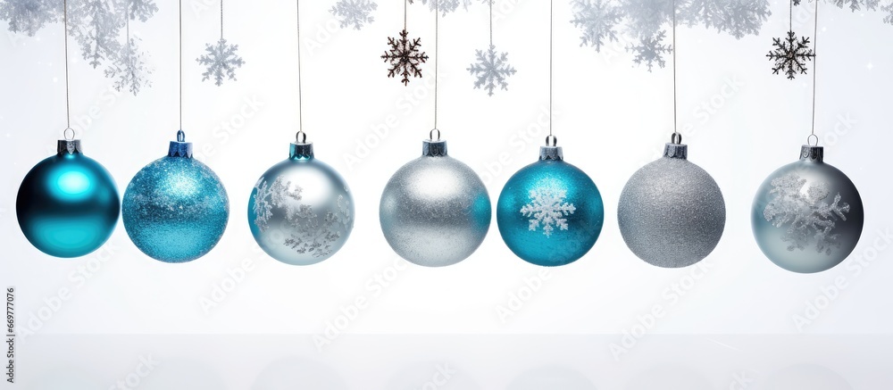 Poster Frozen themed Christmas tree branch adorned with blue and silver ball ornaments