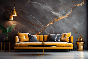In the modern living room, a gray velvet sofa stands against a marble stone paneling wall, enhanced by golden decor, creating an elegant interior.

