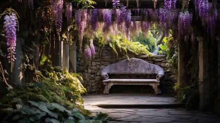 A charming stone bench nestled beneath a canopy of cascading wisteria
